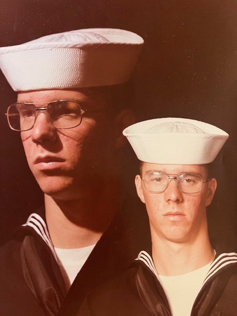 Steve Yant's Navy portrait in dress blues and white cap, shown twice in the classic double-exposure style